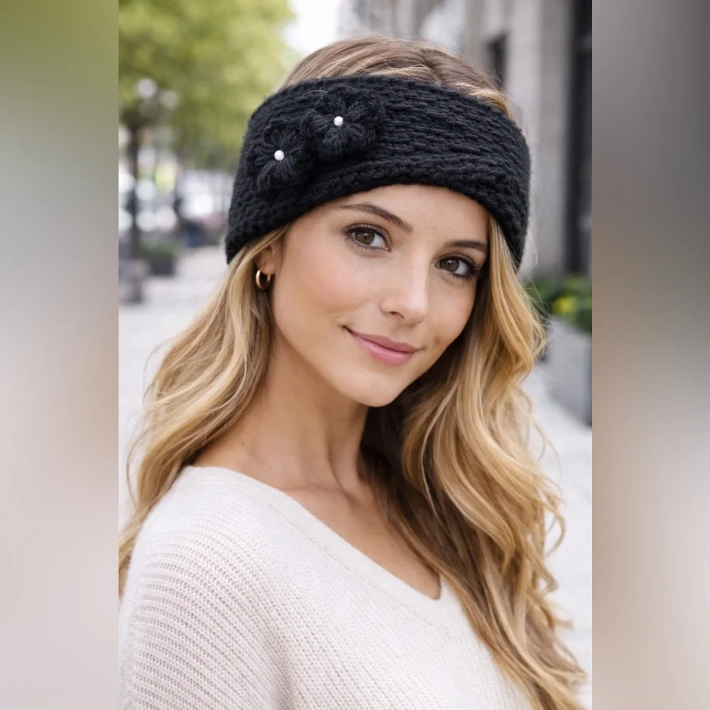 Elegant Black Knit Headband with Floral Accents